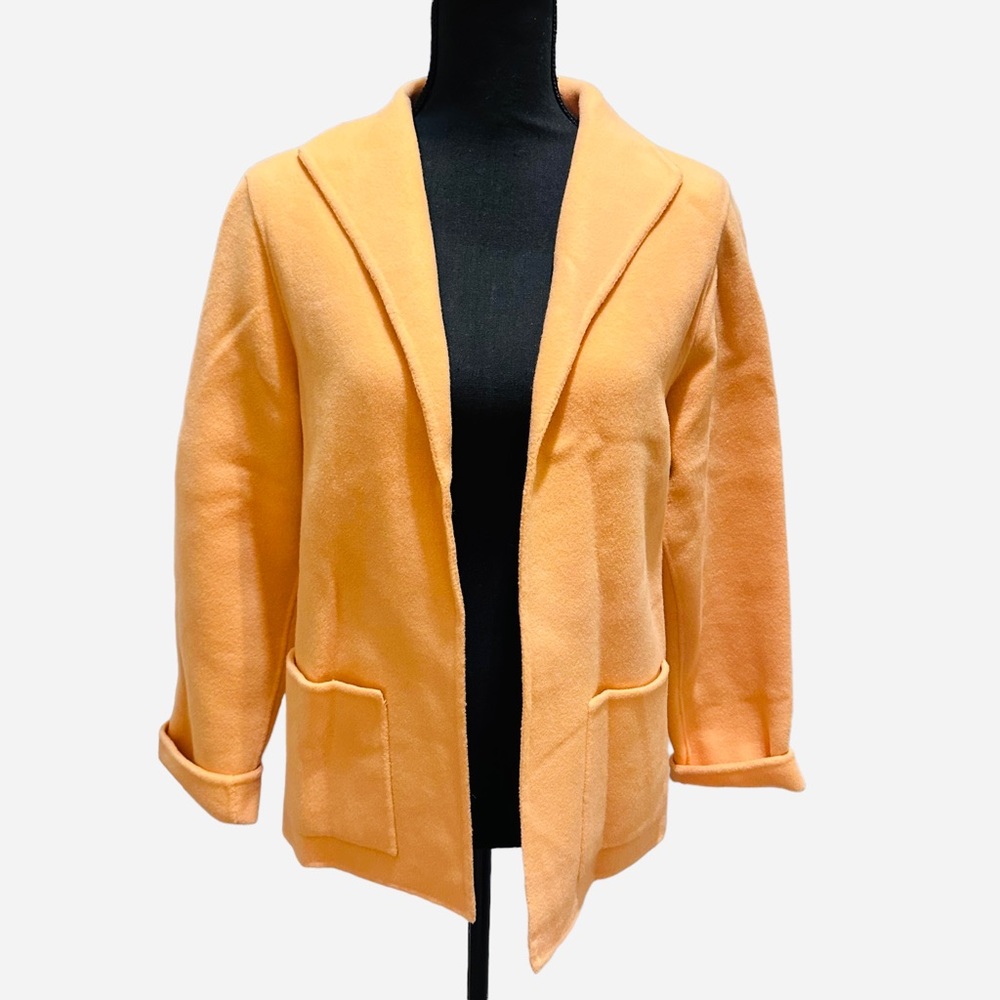 Eileen Fisher Wool Cashmere Stand Collar Open Front Cardigan Orange Small Pocket